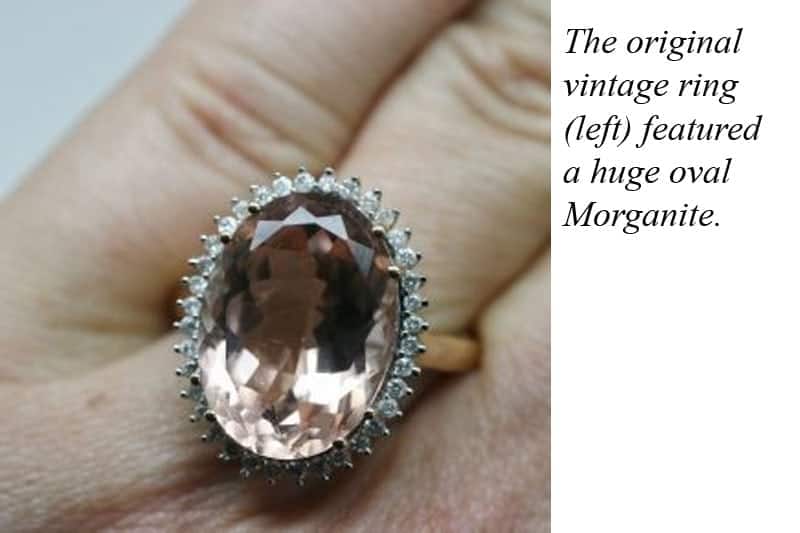 Image of a very large oval vintage morganite halo set with diamonds in a yellow gold ring