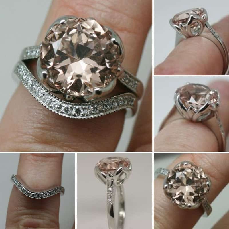 Collage of images of a morganite engagement ring and matching fitted wedding ring, both made with platinum