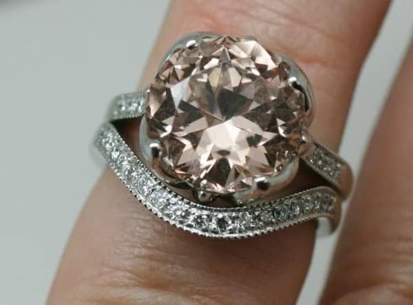 Image of a morganite engagement ring and matching fitted wedding ring