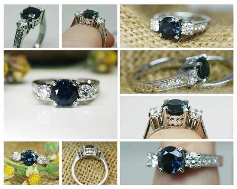 Collage of image of the finished sapphire and diamond ring 