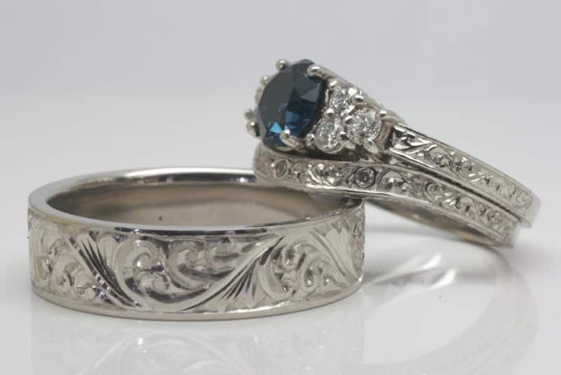 Blue sapphire engraved platinum wedding set