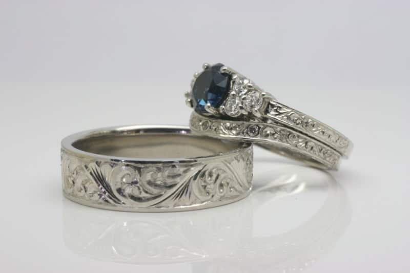 Blue sapphire engraved platinum wedding set - Ethical Jewellery Australia