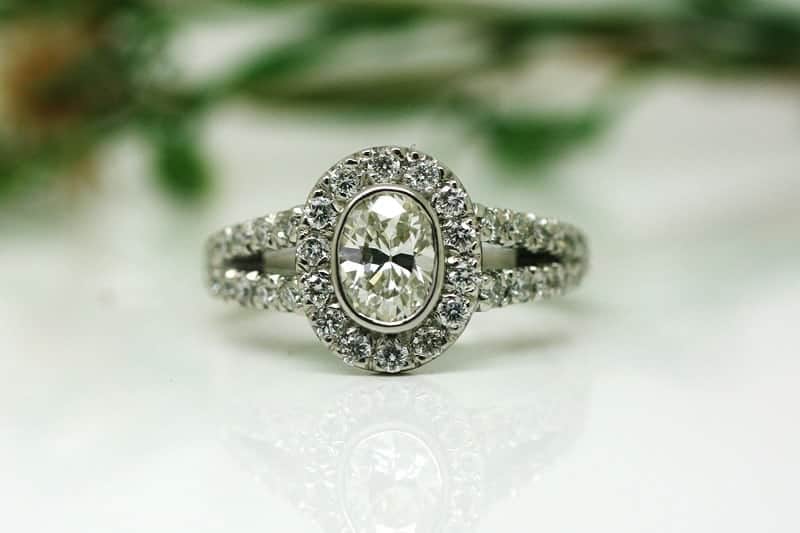 Oval Diamond Halo Ring with Split Shank