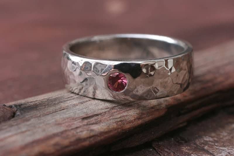 Beaten-finish Wedding Ring with Ruby