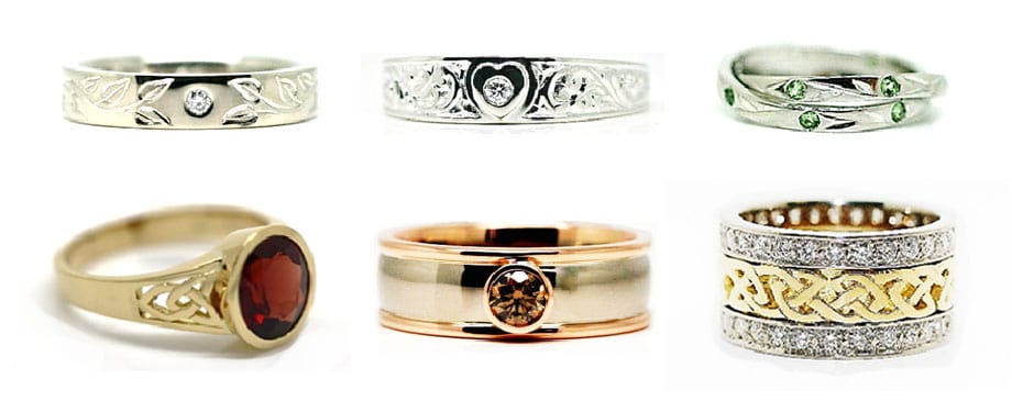 Photo of a selection of commitment-style rings showing the wide variety of styles possible.