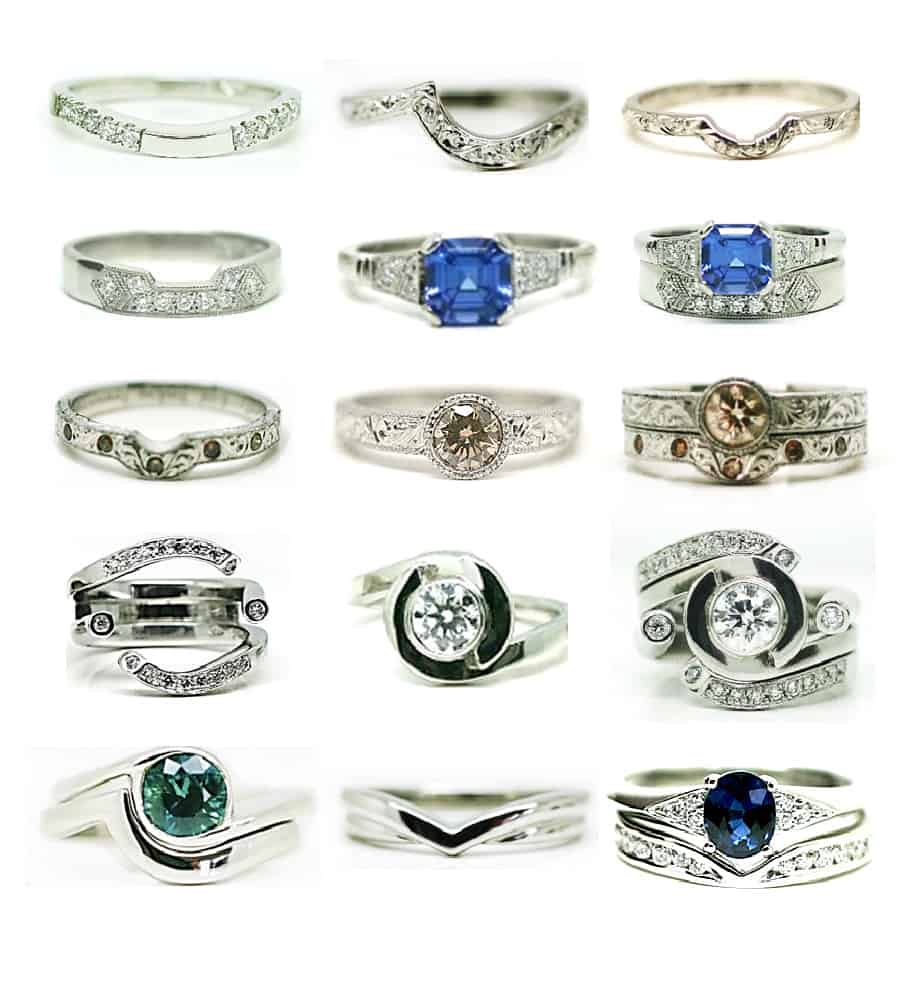 Montage of a selection of fitted wedding rings matched with their engagement rings - by Ethical Jewellery Australia