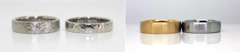 Photo of four different textured ring designs. These are great for people who will be rough on their jewellery. The texture helps to hide the inevitable scratches and scrapes.