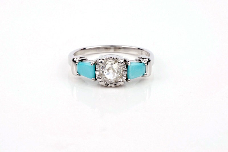 Turquoise and Rose Cut Diamond Engagement Ring