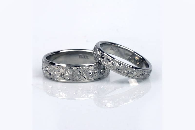 Cherry blossom engraved wedding rings