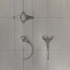 Hand drawn image of an engagement ring design featuring a marquis diamond