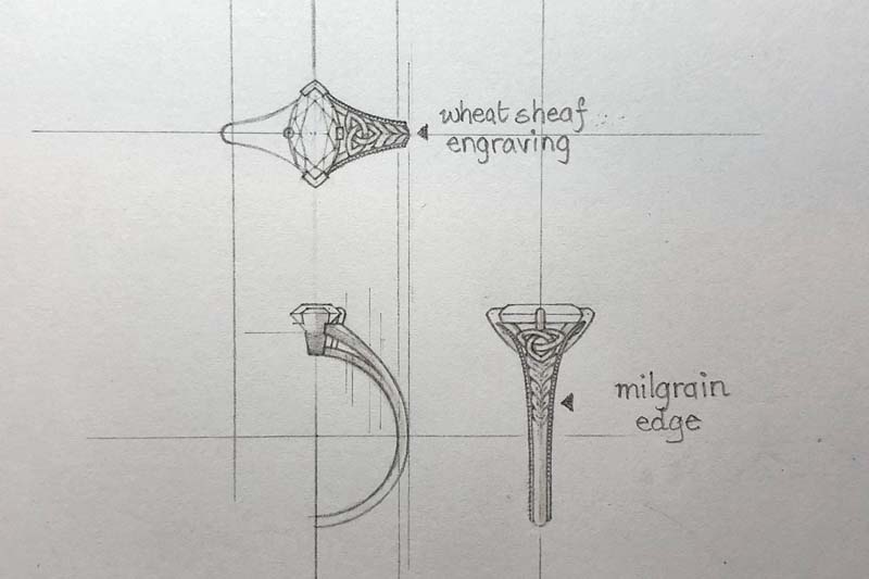 Hand drawing of an engagement ring design concept